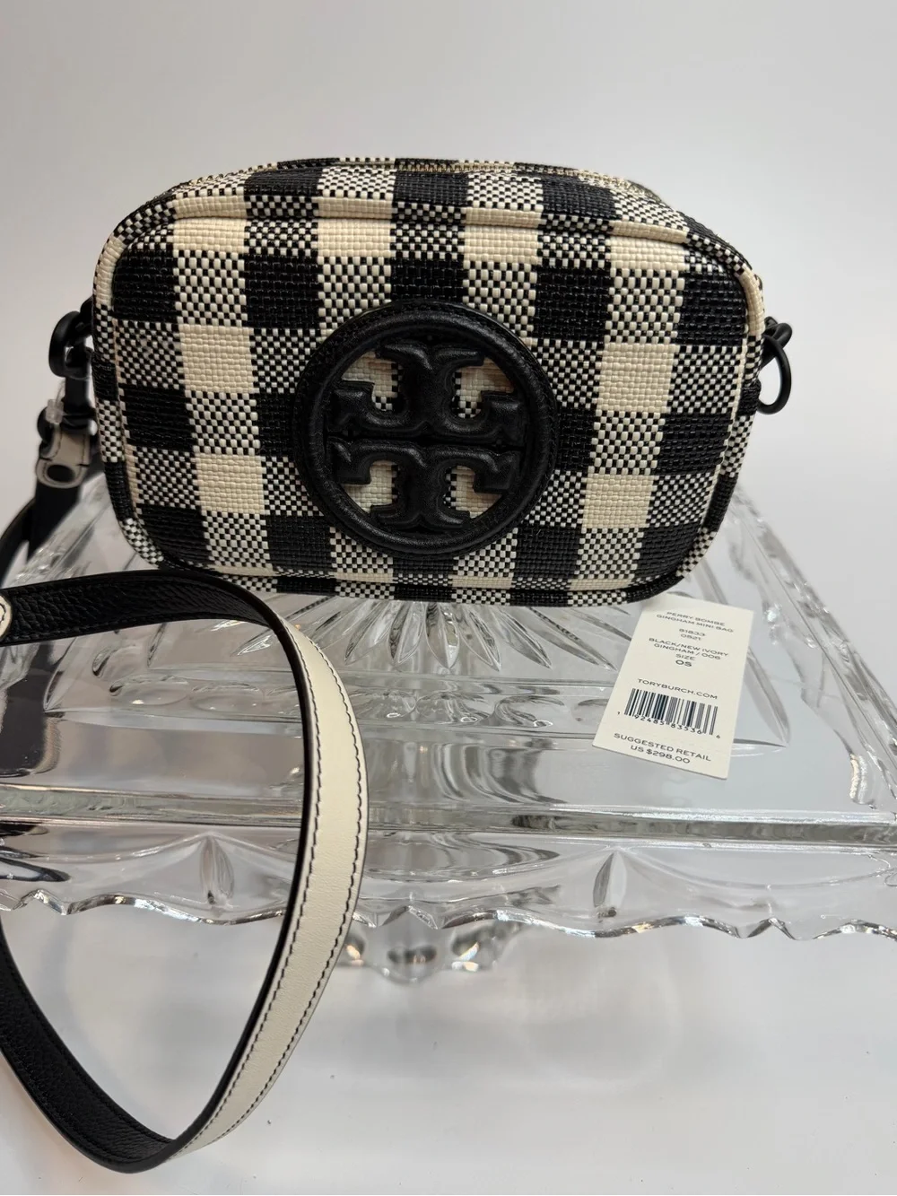 Tory Burch Perry Bombe Gingham Mini Bag Black & White  Crossbody.  NWT